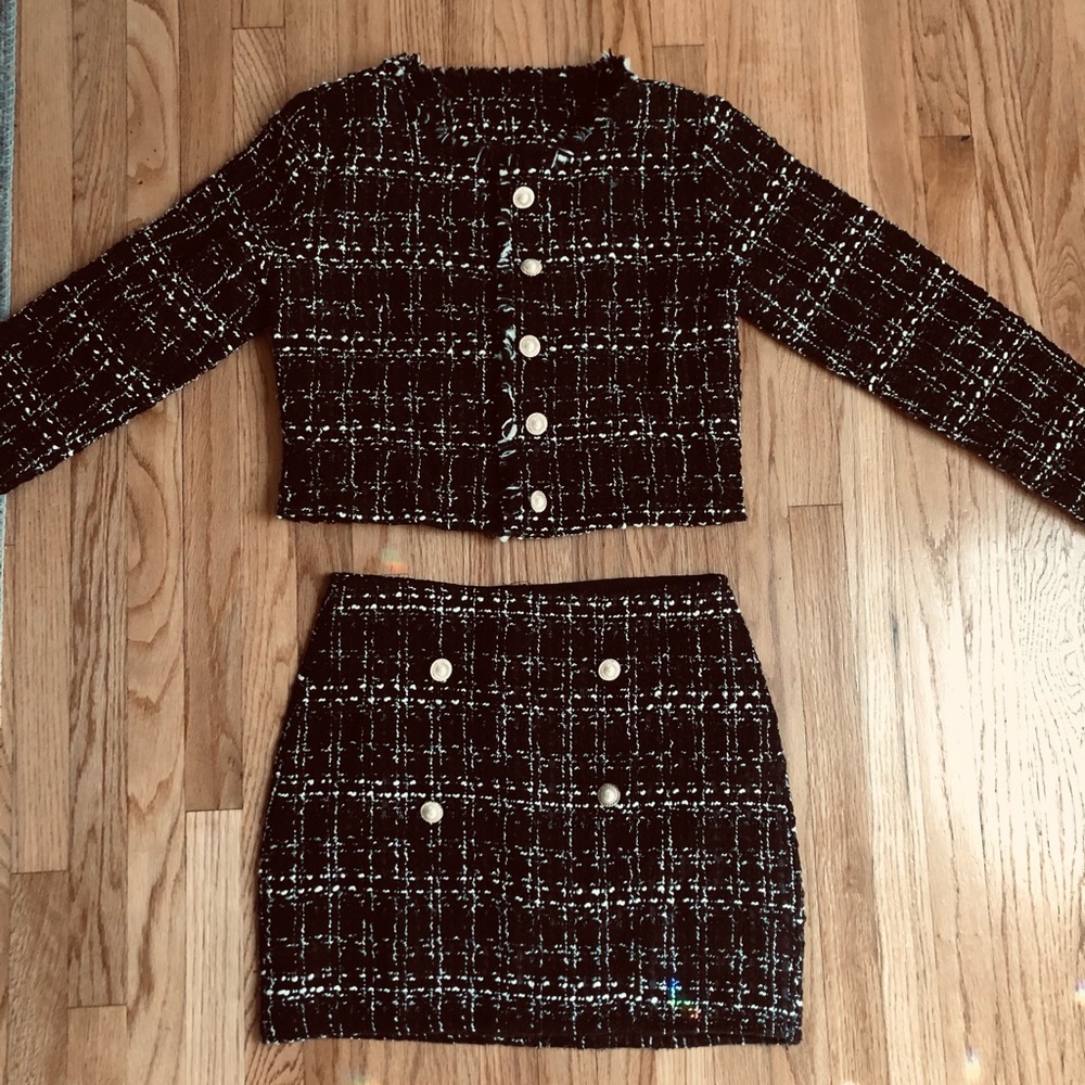 Single Breasted Plaid Tweed Jacket & Skirt Set
